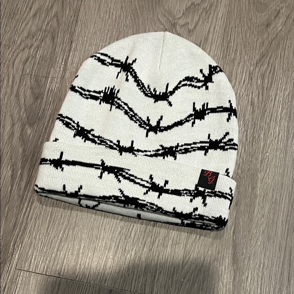 White Beanie with Black Barbed Wire Design